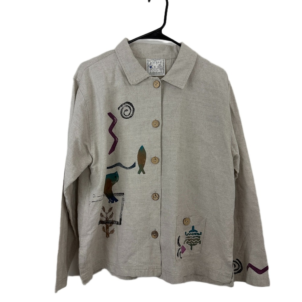 Play Alegre Art To Wear Top Womens OS Long Sleeve Button Up Hand Painted FIsh